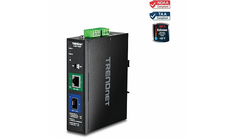 TRENDnet TI-BF711SFP Hardened Media Converter, 10G SFP+ to 10G RJ-45 PoE++