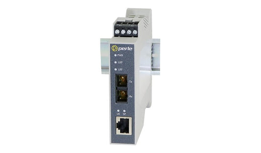 Perle SR-1110-SC10-XT Industrial Gigabit Media Converter, RJ-45 to SC Single Mode 1310nm, 10km, DIN Rail, -40 to 75°C, TAA Compliant, Gray, 05091920