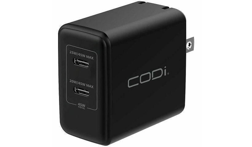 CODi WC045-2C 45W Dual USB-C Wall Charger PD PPS Black 1 Year