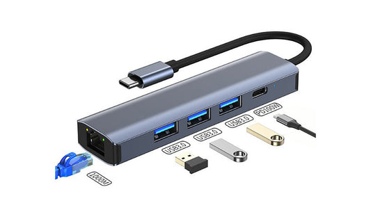 B3E 5-in-1 USB-C Hub, Gigabit Ethernet, 3x USB-A, 100W PD Pass-Through